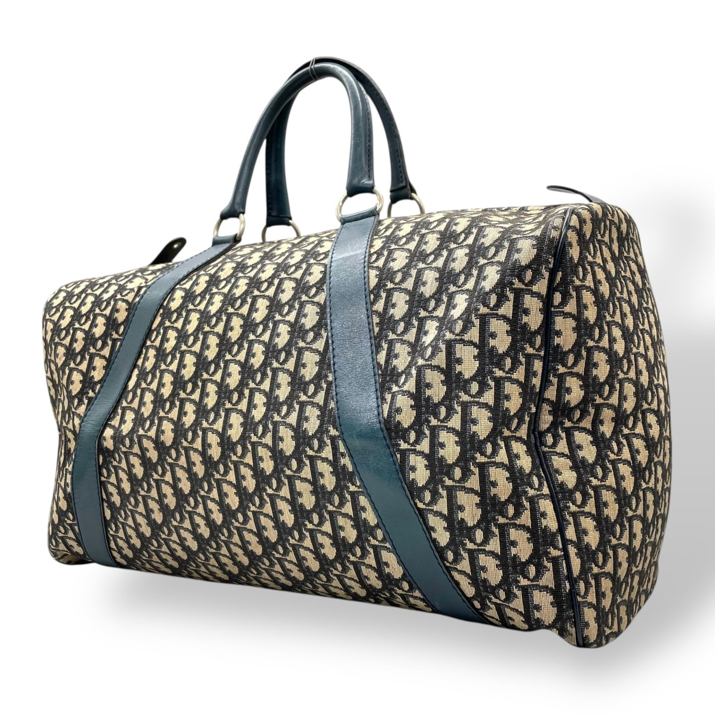 Christian Dior クリスチャンディオール トロッター ボストンバッグ 紺 ネイビー ベージュ キャンバス レザー シルバー金具 メンズ レディース ヴィンテージ Z4