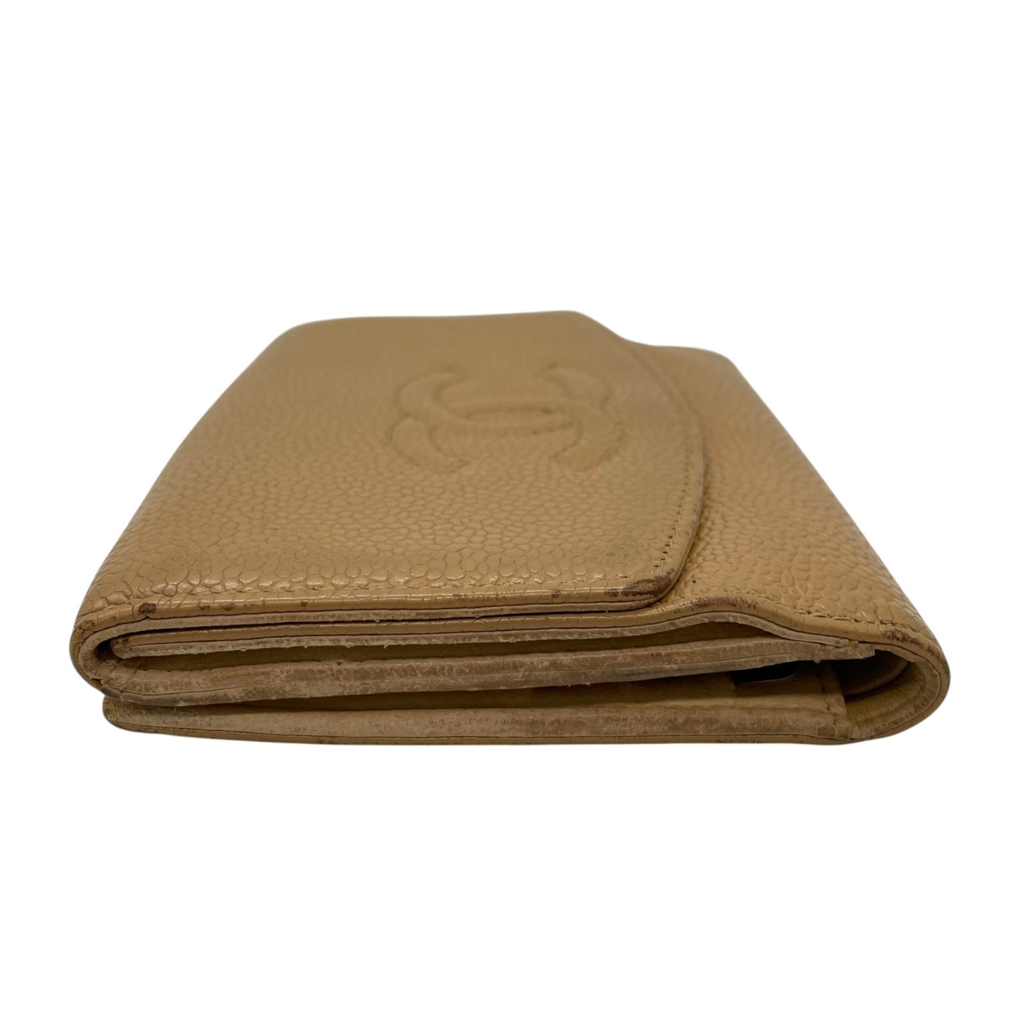 シャネル CHANEL 三つ折り財布 キャビアスキン調 レザー ココマーク 型押し キャメル ゴールド金具 金金具 箱・カード付 シール付 W2