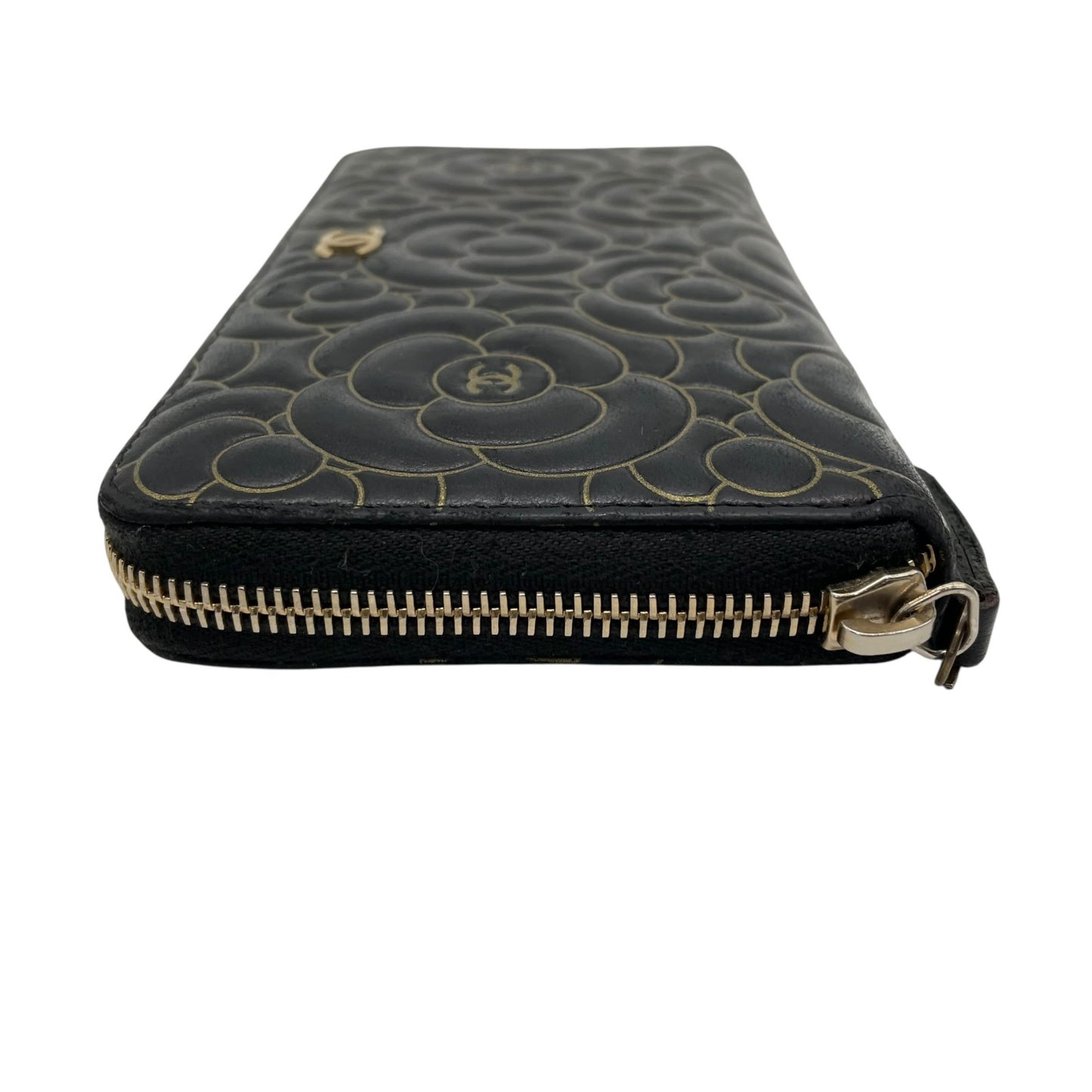 美品 シャネル CHANEL カメリア ラウンドファスナー 長財布 ブラック 黒 レザー 金 ゴールド金具 ココマーク 型押し ウォレット W6