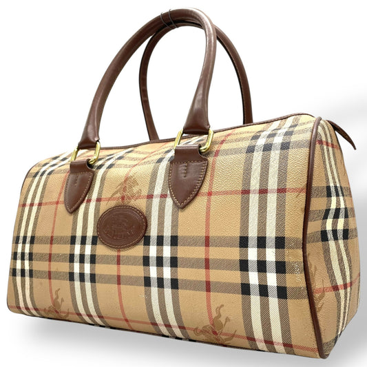 BURBERRY バーバリー ノバチェック シャドーホース ホースロゴ ボストンバッグ 茶 ブラウン ベージュ PVC レザー ゴールド金具 手提げ ヴィンテージ メンズ レディース E
