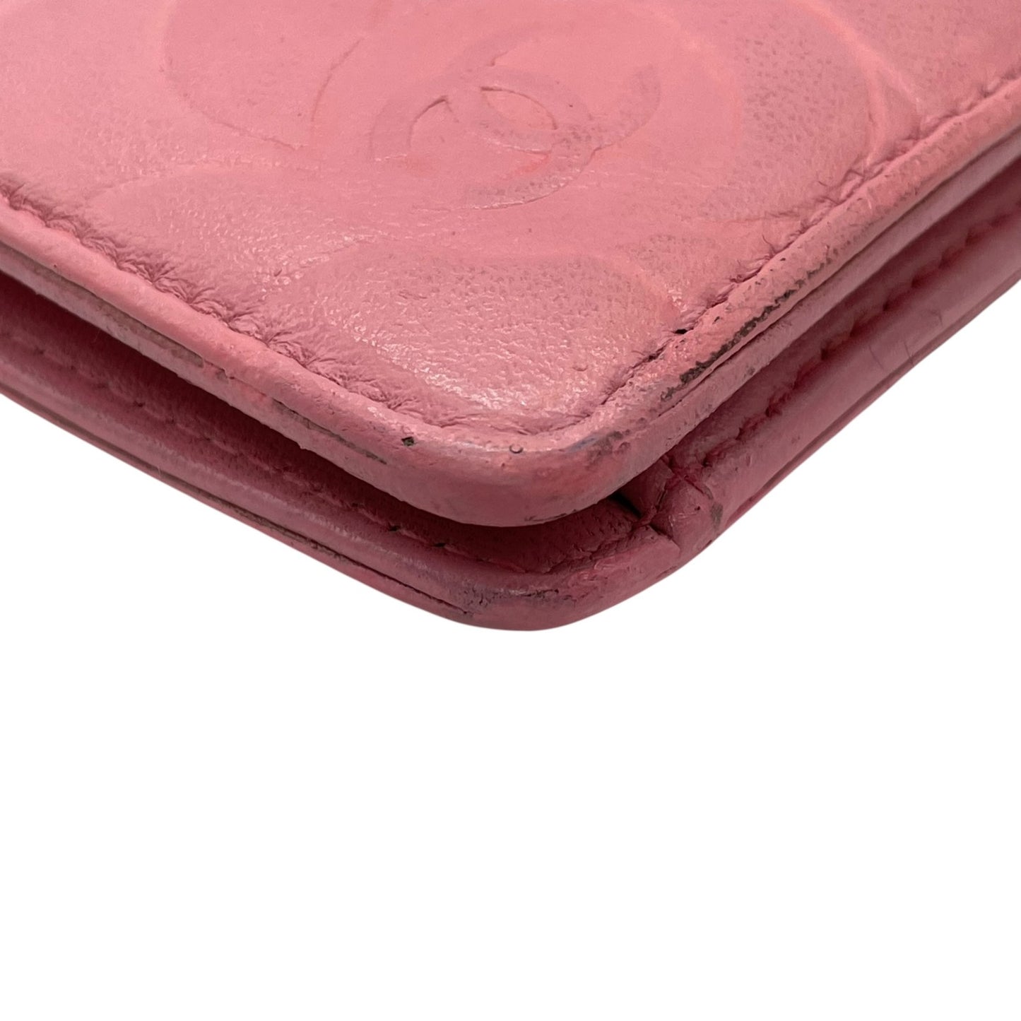 シャネル CHANEL カメリア ラムスキン 長財布 ウォレット ピンク ココマーク シルバー エンボス レディース W4