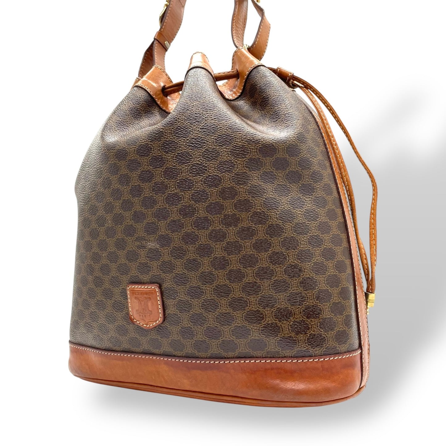 CELINE オールドセリーヌ ショルダーバッグ トリオンフ 巾着 M90 マカダム柄 ヴィンテージ ゴールド金具 レディース K9