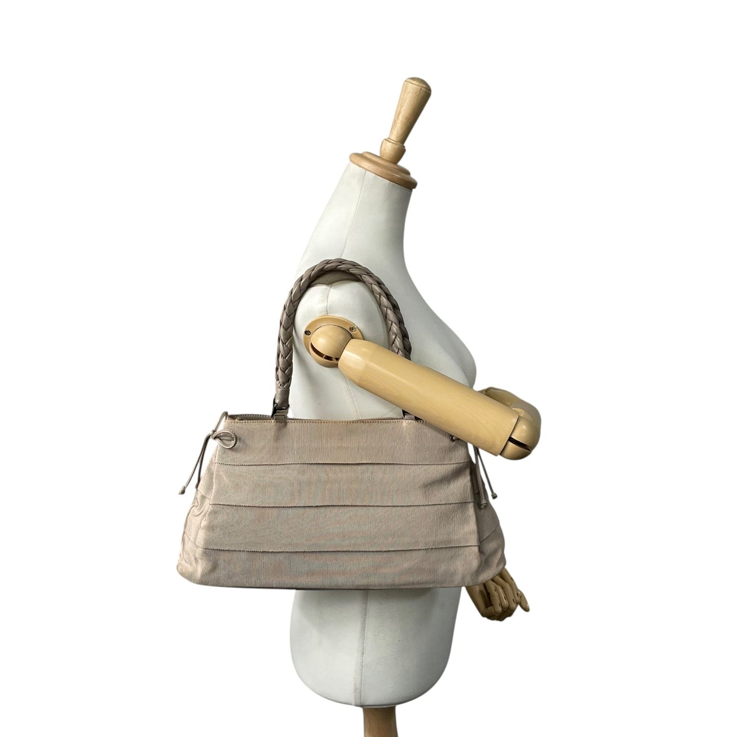 サルヴァトーレフェラガモ ハンドバッグ 編み込みレザーハンドル グレー キャンバス トートバッグ 肩掛け可能 K2