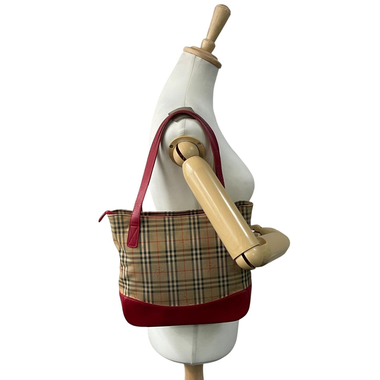 バーバリーズ Burberrys ヴィンテージ トートバッグ ハンドバッグ ノバチェック 赤 レッド レザーロングハンドル D4