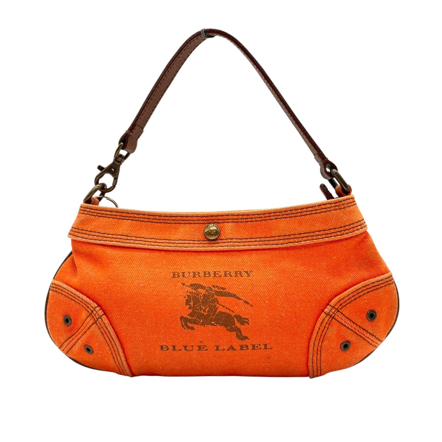 BURBERRY BLUE LABEL バーバリーブルーレーベル アクセサリーポーチ ミニハンドバッグ ホースロゴ オレンジ 茶 ブラウン キャンバス レザー ゴールド金具 Y2K レディース U9