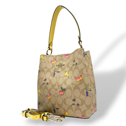 現行 極美品 COACH コーチ ショルダーバッグ ハンドバッグ シグネチャー 花柄 フラワー バケットバッグ 2WAY ベージュ×イエロー 黄色 S90