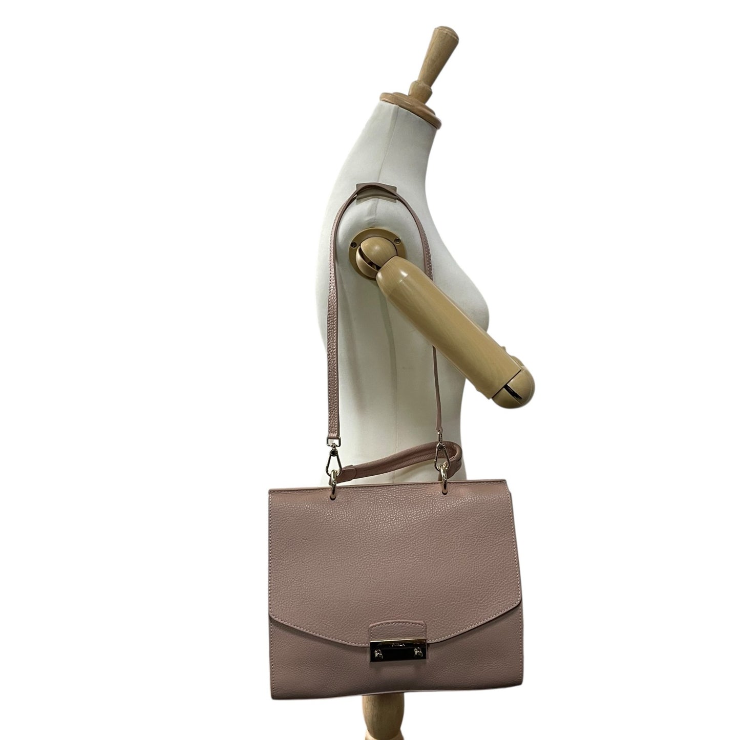 美品 フルラ FURLA メトロポリス トップハンドルバッグ ピンクベージュ レザー 金金具 ゴールド 2WAY ショルダー付き S56