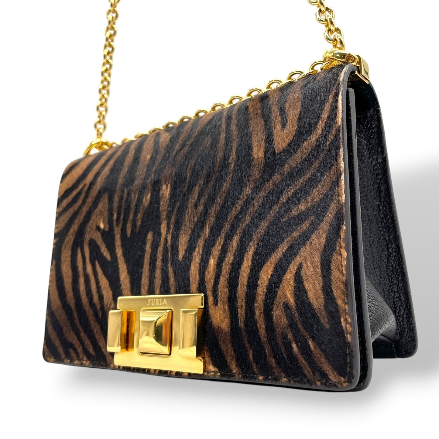 フルラ FURLA ハラコ レザー チェーンショルダーバッグ ゼブラ柄 アニマル柄 茶色 ブラン 金金具 ゴールド金具 ミニバッグ C14