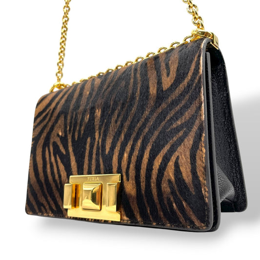 フルラ FURLA ハラコ レザー チェーンショルダーバッグ ゼブラ柄 アニマル柄 茶色 ブラン 金金具 ゴールド金具 ミニバッグ C14