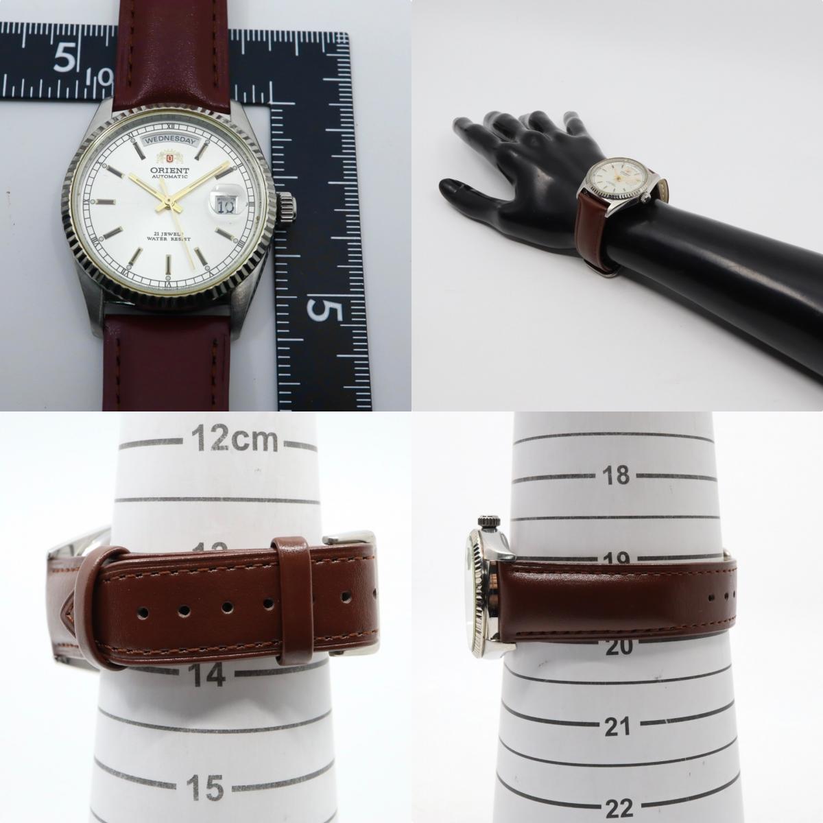 【極美品】 稼働品 新品ベルト ORIENT オリエント 腕時計 46E701-91 自動巻き 21石 デイデイト シルバーダイヤル メンズ アナログ ドレスウォッチ フルーテッドベゼル クラシック ヴィンテージ ビジネス ブラウンレザー G4