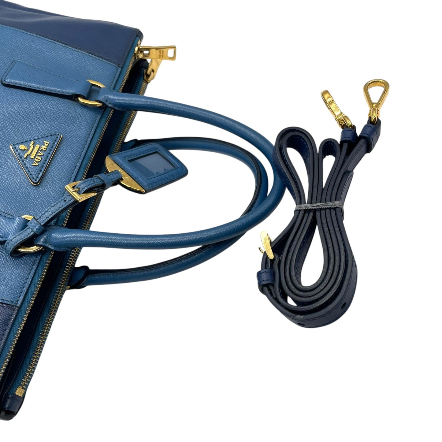 極美品 プラダ PRADA ガレリア ハンドバッグ トートバッグ 2way ショルダーバッグ サフィアーノレザー 三角ロゴ ブルー ゴールド金具 ハンドバッグ メンズ レディース A