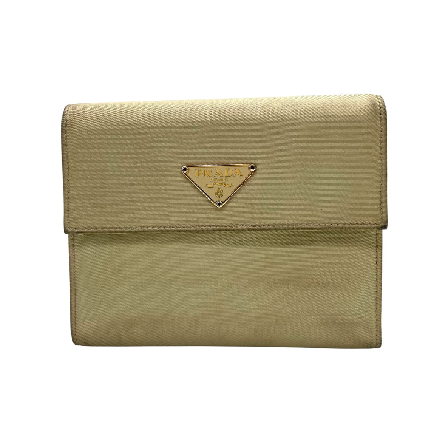 プラダ PRADA 三つ折り財布 コンパクトウォレット ベージュ ナイロン レザー 三角ロゴプレート トライアングルロゴ ゴールド金具 レディース M1