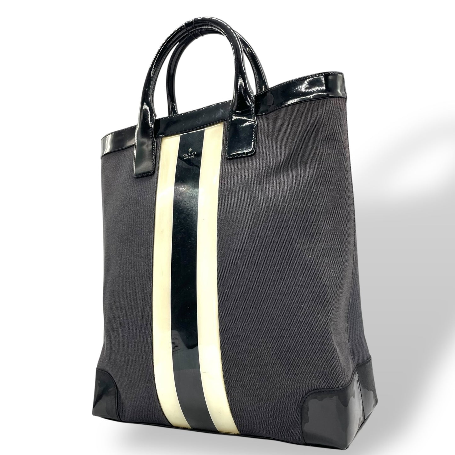 グッチ GUCCI トートバッグ ハンドバッグ ネイビー ブラック キャンバス パテントレザー 手提げ メンズ ゴールド金具 ストライプ E