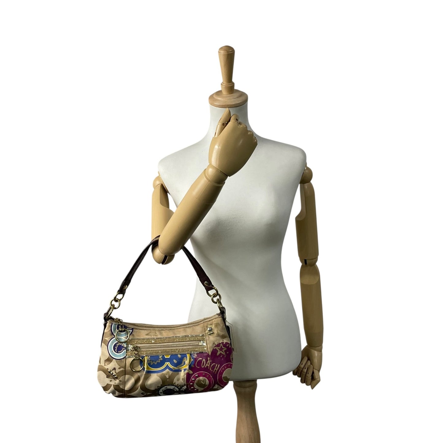 コーチ COACH 2WAY ハンドバッグ ショルダーバッグ ポピー オプアート シグネチャー ベージュ マルチカラー キャンバス ゴールド金具 ロゴチャーム付き 手提げ 斜め掛け可 レディース T1