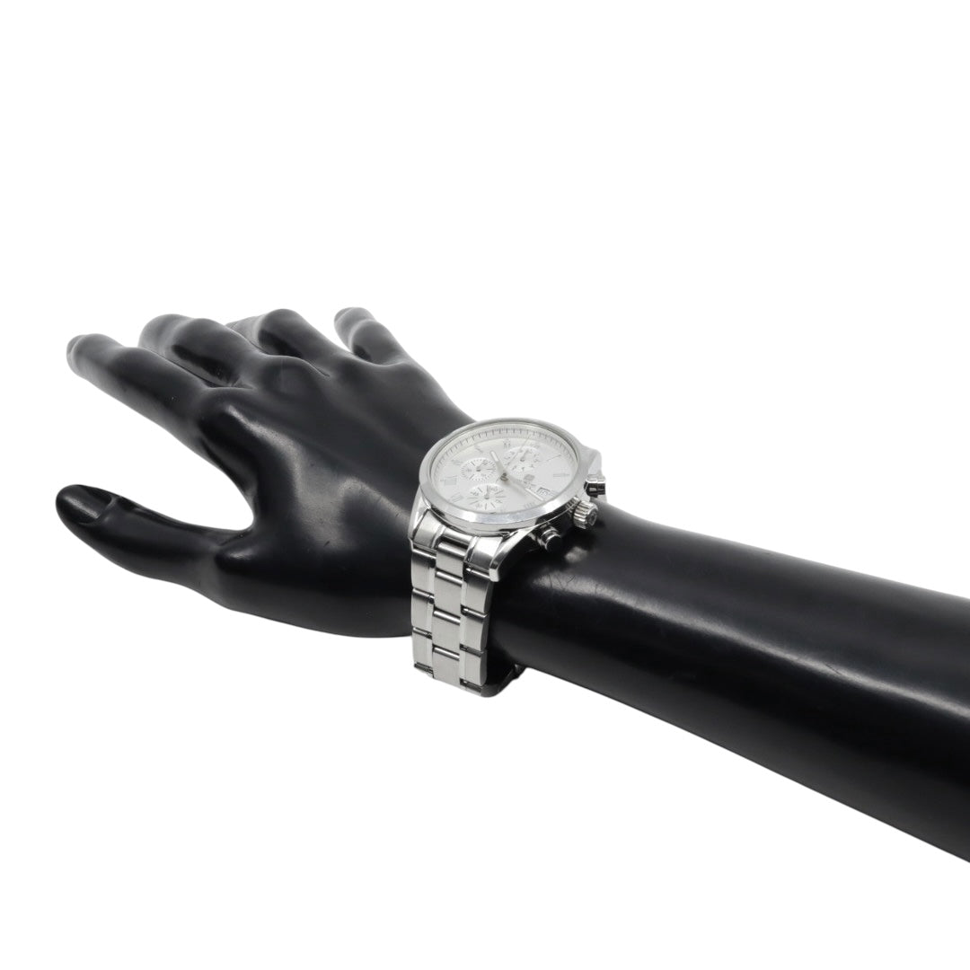 【電池交換済】スイスミリタリー ハノワ 腕時計 06-5219 クロノグラフ メンズ クオーツ シルバー文字盤 デイト表示 アナログ ローマンインデックス ビジネス カジュアル スポーツ エレガント スイス製 クリーニング済み G3