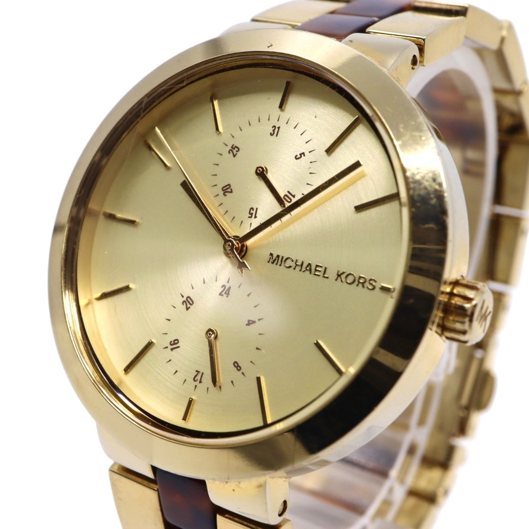 美品 電池交換済 クリーニング済 マイケルコース MICHAEL KORS 腕時計 MK-6471 レディースウォッチ クォーツ ゴールド べっ甲柄 ステンレススチール アナログ マルチファンクション エレガント クラシック ドレスウォッチ 稼働品 G3