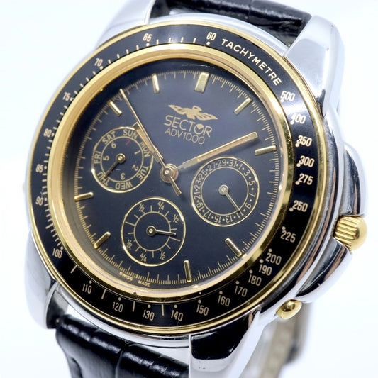 美品 電池交換済 新品ベルト セクター SECTOR ADV1000 腕時計 メンズウォッチ クロノグラフ タキメーター クォーツ ブラック文字盤 シルバー ゴールド ステンレス レザーベルト アナログ スポーツウォッチ 稼働品 G3