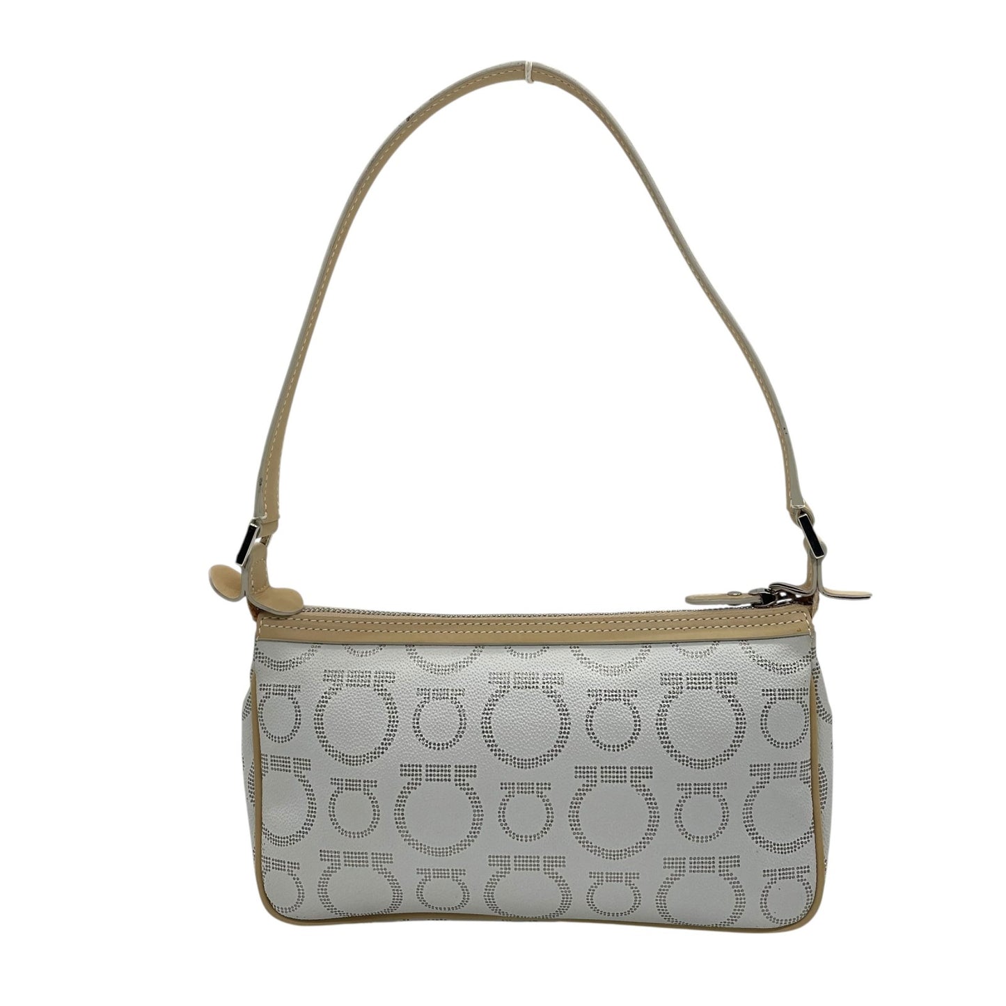 フェラガモ Salvatore Ferragamo ハンドバッグ アクセサリーポーチ ミニバッグ ガンチーニ AU-21 7497 グレー ベージュ レザー シルバー金具 ロゴ ワンショルダー 肩掛け可 レディース C5