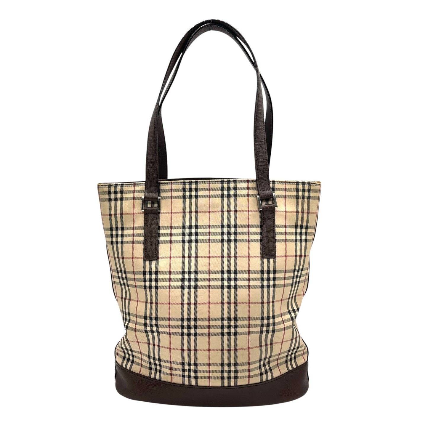 バーバリー BURBERRY トートバッグ ノバチェック キャンバス レザー ベージュ ブラウン 茶 シルバー金具 バケツ型 ロゴ型押し レディース A8