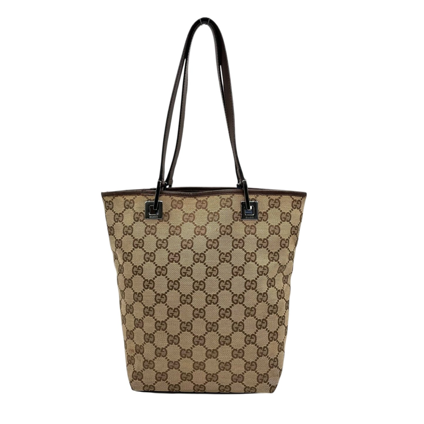 極美品 グッチ GUCCI トートバッグ ロングハンドル GGキャンバス ベージュ ブラウン レザー シルバー金具 ハンドバッグ K11