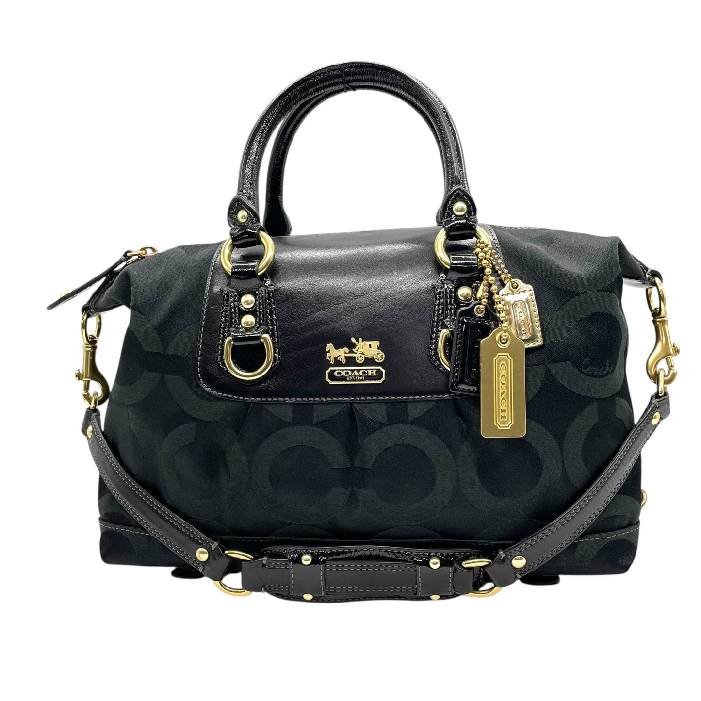 コーチ COACH 2WAY ハンドバッグ ボストンバッグ ショルダーバッグ 12947 シグネチャー 黒 ブラック ジャガード レザー 金金具 ゴールド金具 チャーム付き E5