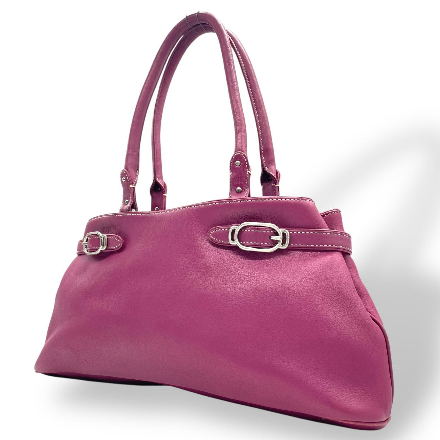 コールハーン COLE HAAN ハンドバッグ ロングハンドル レザー パープル ピンク シルバー金具 ステッチデザイン 上品カラー T3