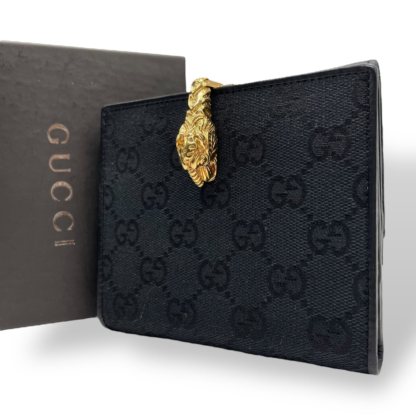 【美品】GUCCI グッチ GGキャンバス タイガーヘッド 二つ折り財布 コンパクトウォレット GG柄 虎 キャンバス レザー ブラック ゴールド金具 ヴィンテージ レディース M2