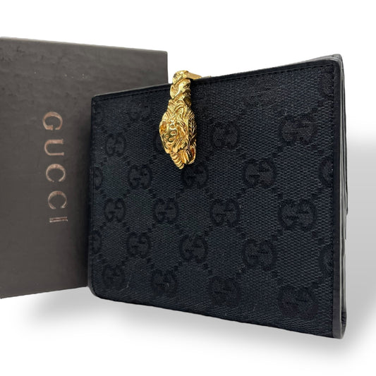 【美品】GUCCI グッチ GGキャンバス タイガーヘッド 二つ折り財布 コンパクトウォレット GG柄 虎 キャンバス レザー ブラック ゴールド金具 ヴィンテージ レディース M2