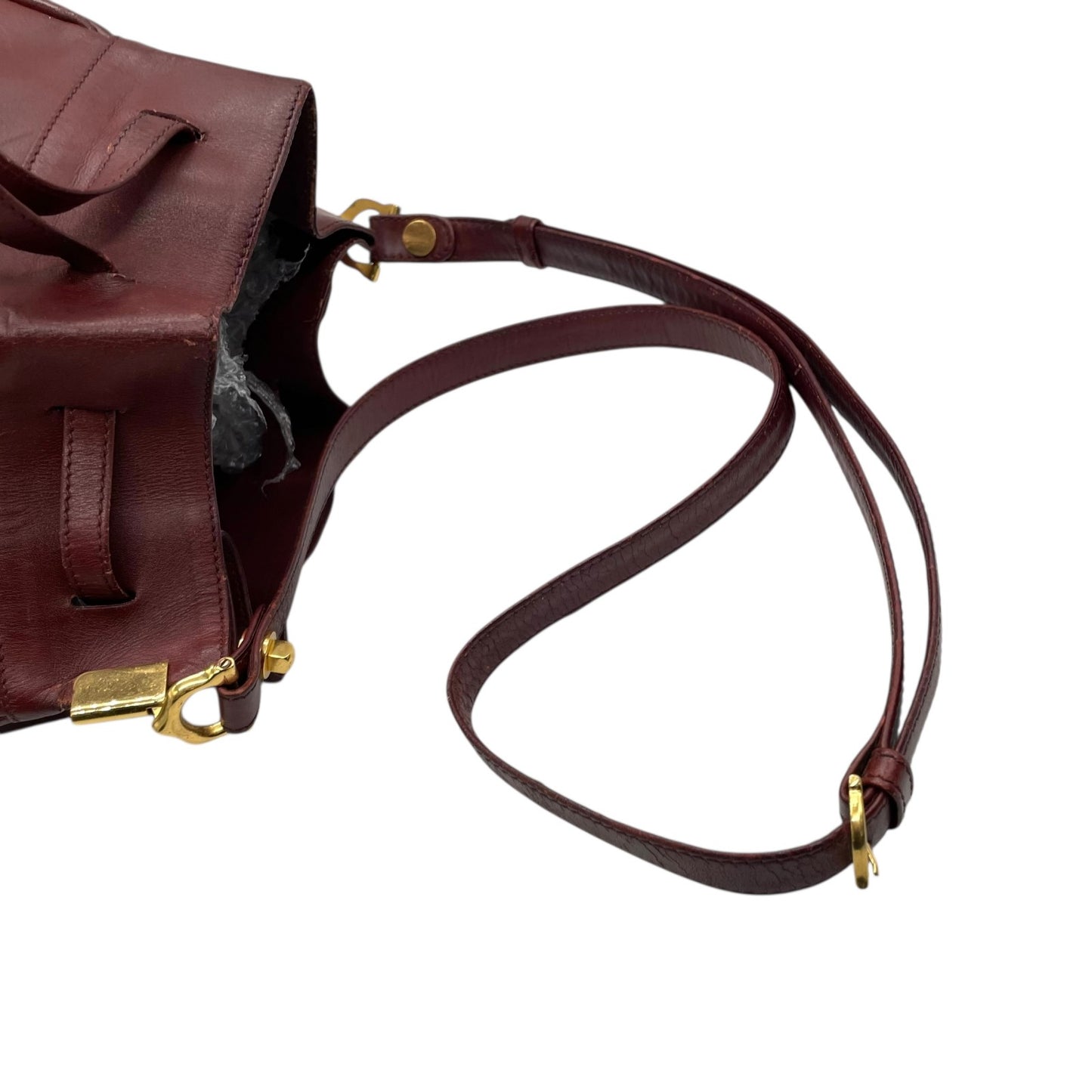 カルティエ マストライン ショルダーバッグ 巾着型 ボルドー ワインレッド レザー ゴールド金具 ロゴ型押し ヴィンテージ レディース A8