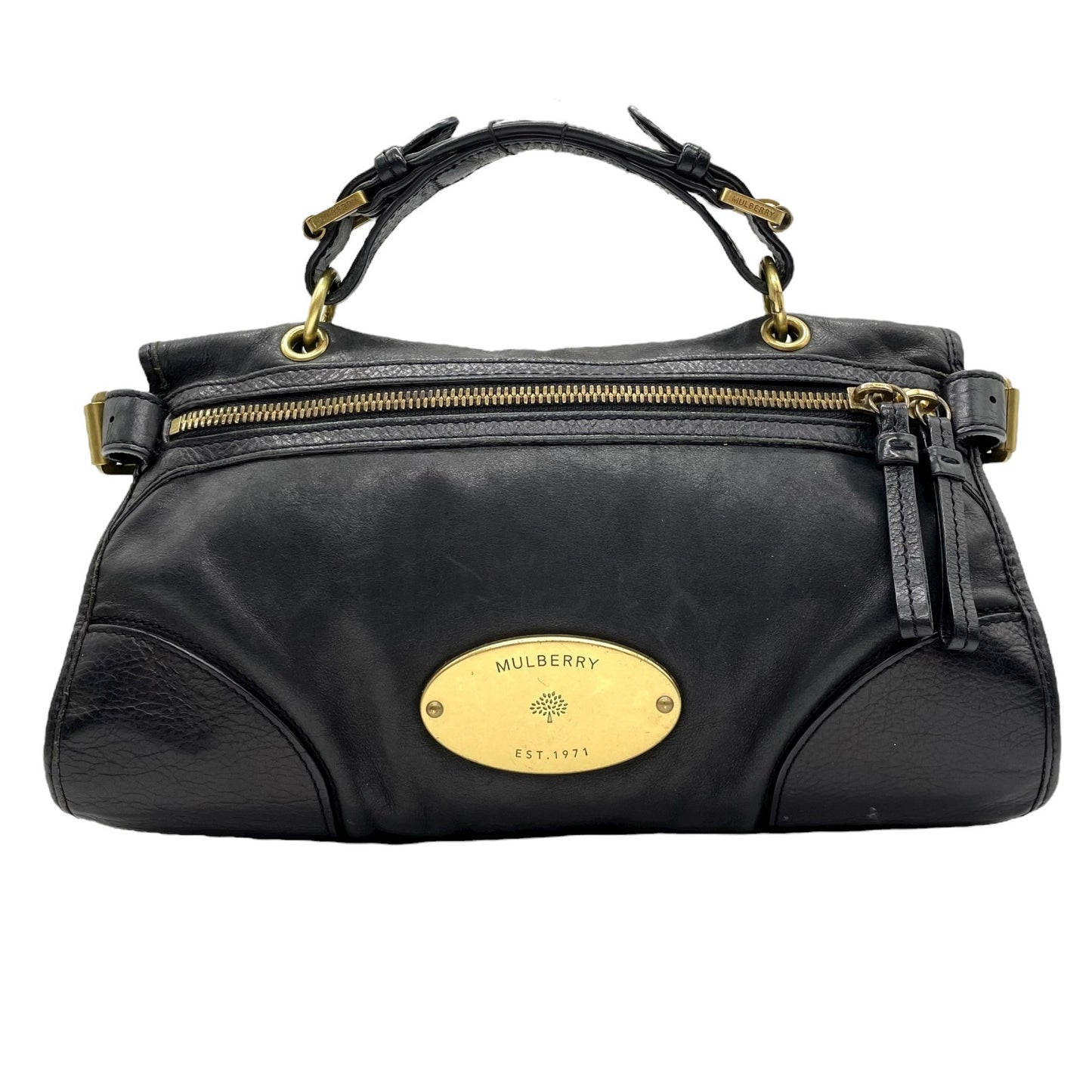 MULBERRY マルベリー 2WAY ハンドバッグ ショルダーバッグ ブラック レザー ゴールド金具 オーバルロゴプレート トップハンドル ヴィンテージ レディース K12