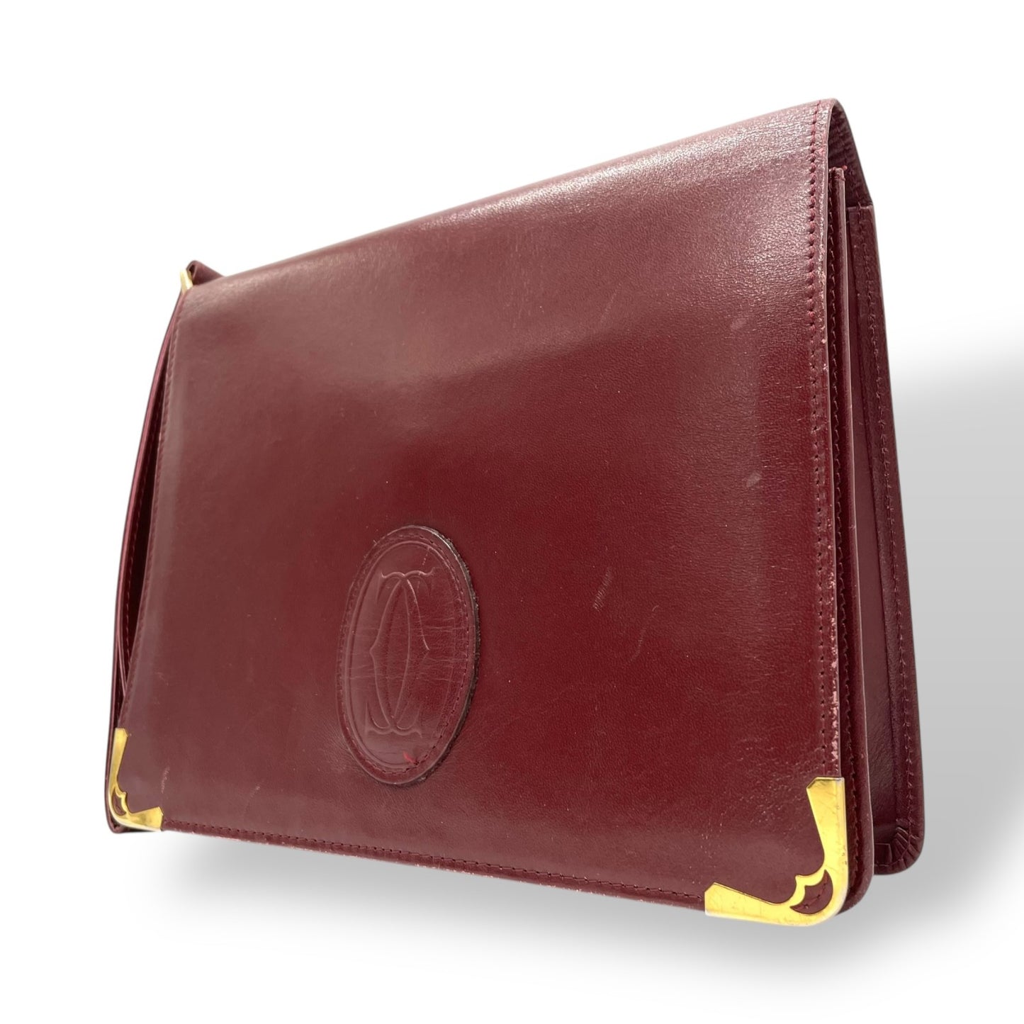 Cartier カルティエ ボルドー レザー クラッチバッグ ゴールドロゴ ヴィンテージ 1980s 1990s 上品 パリ クラシック K7