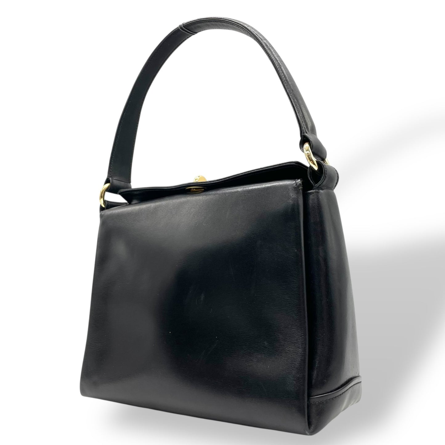 GUCCI オールドグッチ ヴィンテージ ターンロック ハンドバッグ レザー ブラック ゴールド金具 クラシック トップハンドル B5