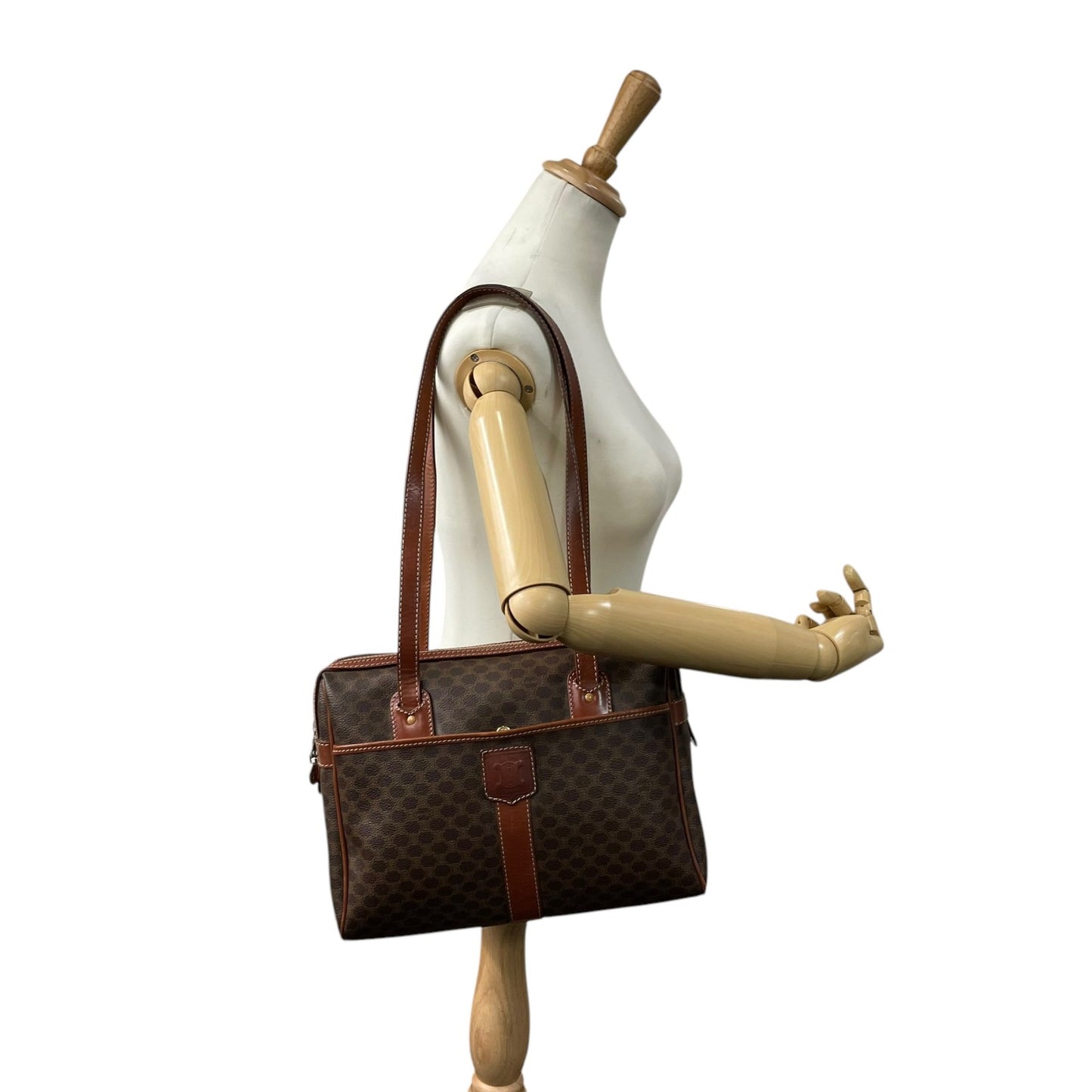 CELINE セリーヌ オールドセリーヌ マカダム柄 ハンドバッグ ショルダーバッグ ワンショルダー 肩掛け PVC レザー 本革 ブラウン 茶色 ゴールド金具 ファスナー開閉 ヴィンテージ K12