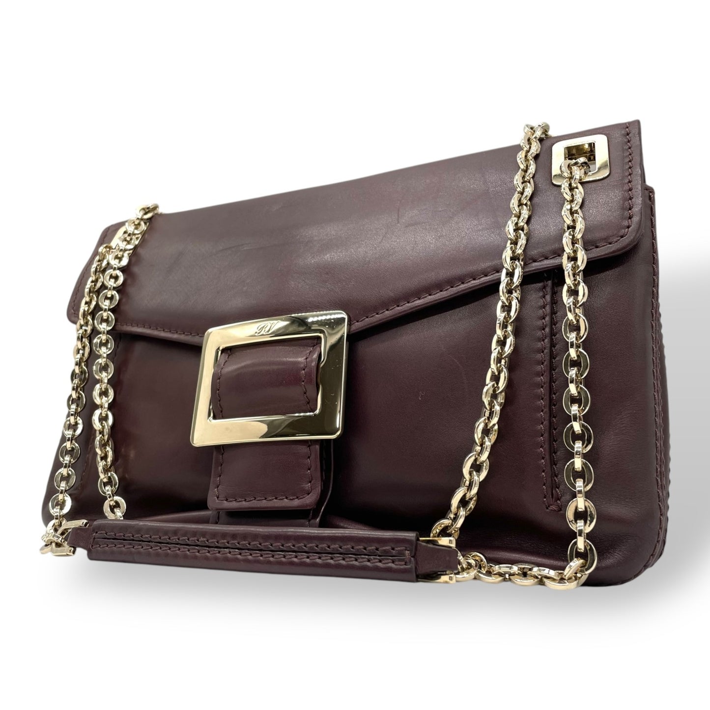 Authentic Roger Vivier Shoulder Bag Dark Brown Leather Gold Hardware Chain Shoulder Strap Front Buckle Women's