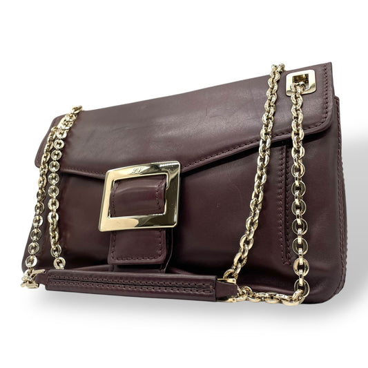 Authentic Roger Vivier Shoulder Bag Dark Brown Leather Gold Hardware Chain Shoulder Strap Front Buckle Women's