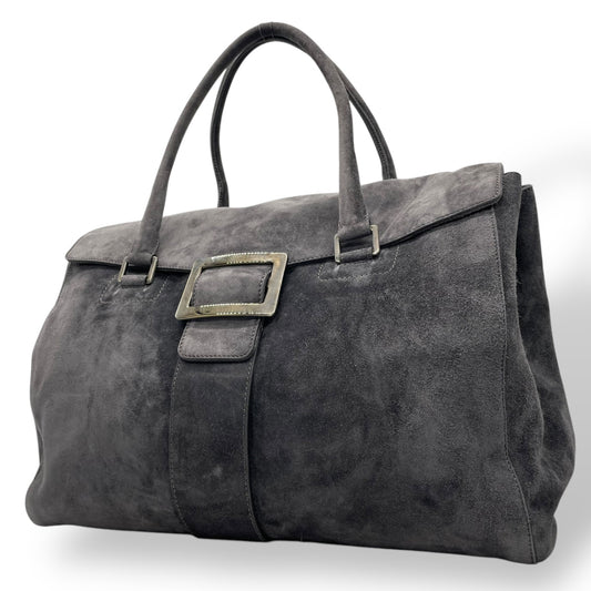 Authentic Roger Vivier Handbag Tote Grey Suede Black Hardware Spacious Women's