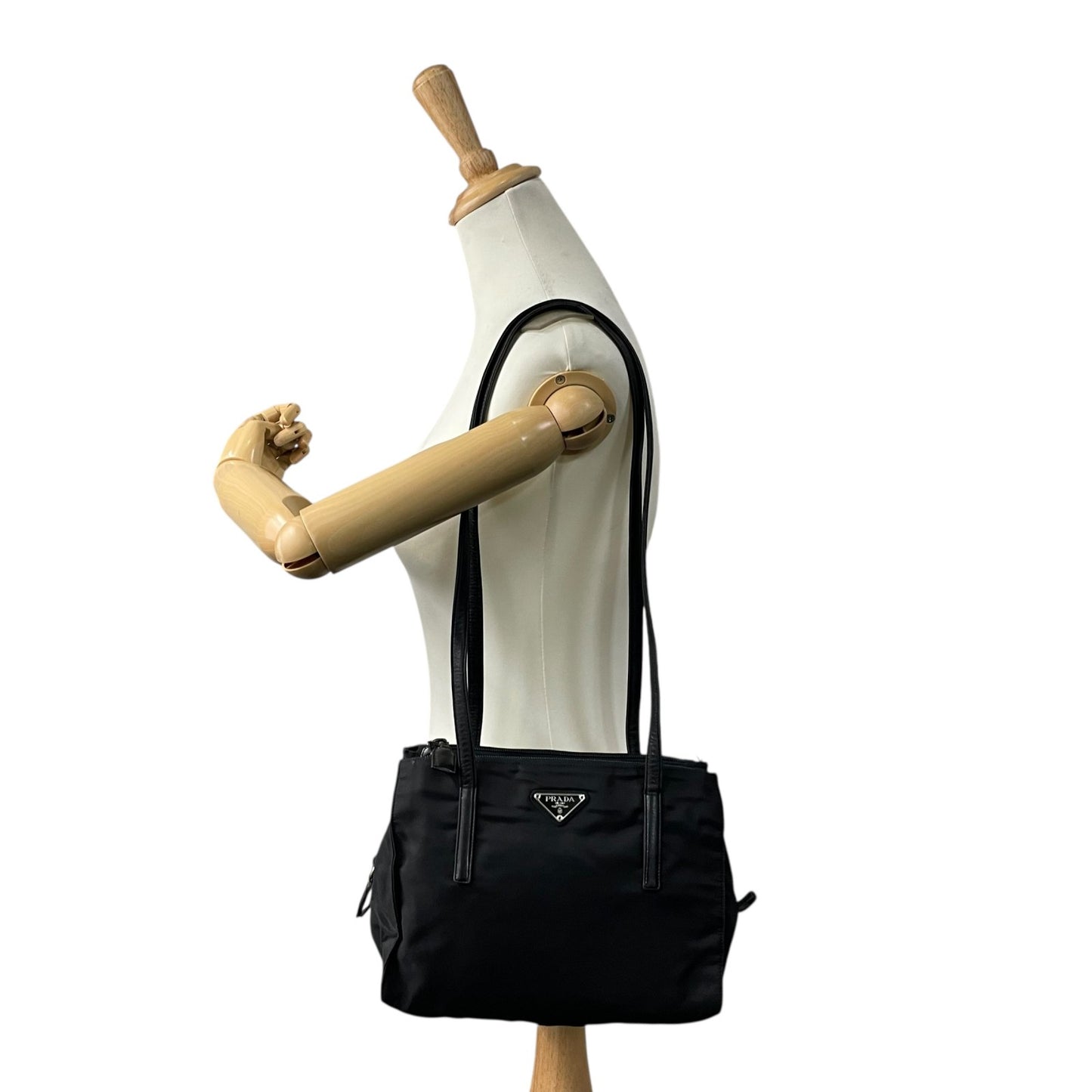 Authentic PRADA Tote Bag Black Nylon Shoulder Bag Triangle Logo Silver Hardware A4 Storage Zipper Women's Tessuto