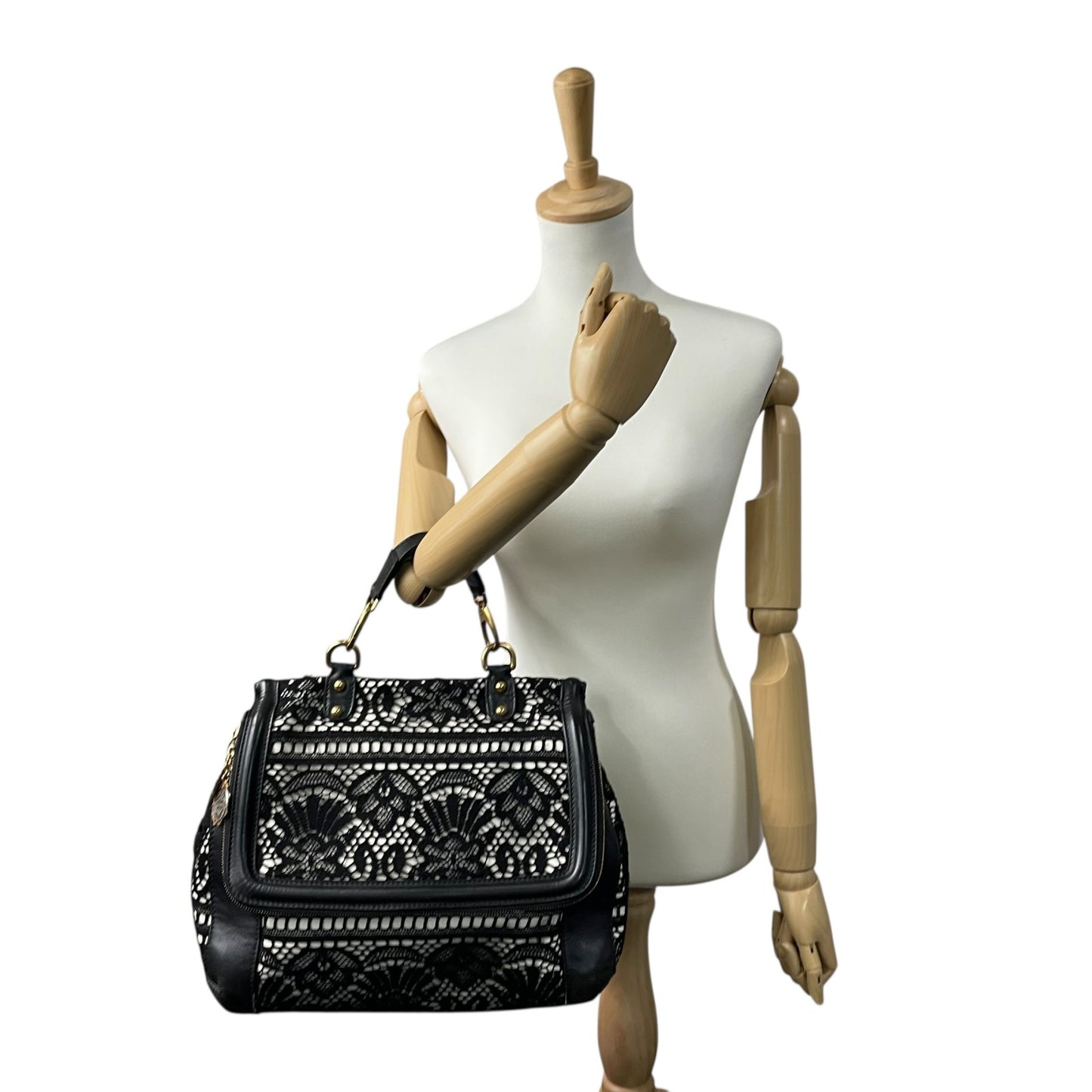 Authentic DOLCE&GABBANA Sicily Heritage 2WAY Handbag Tote Shoulder Bag Black White Ivory Lace Leather Gold Hardware Women's