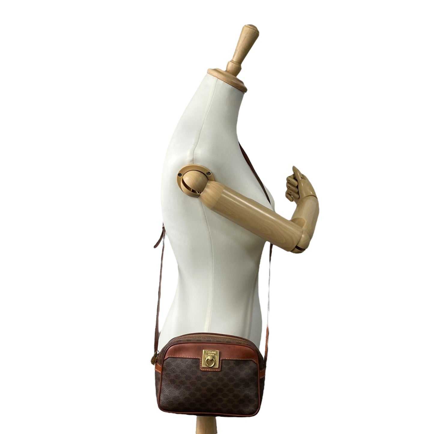 Authentic CELINE Vintage Macadam Shoulder Bag Trionf Camera Bag Brown PVC Leather Gold Hardware Women's Adjustable Strap Crossbody