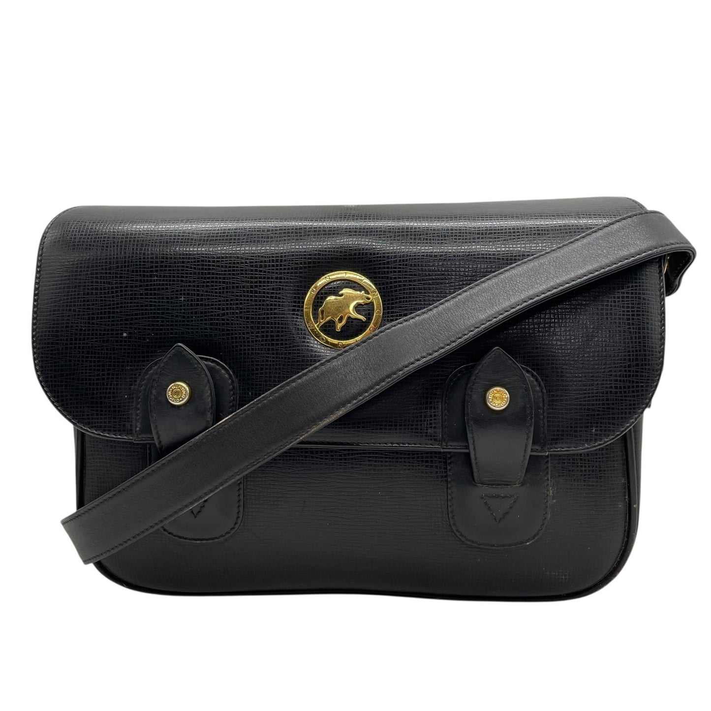 Authentic HUNTING WORLD Carryall Messenger Bag Shoulder Bag Black Leather Gold Hardware Women's Crossbody