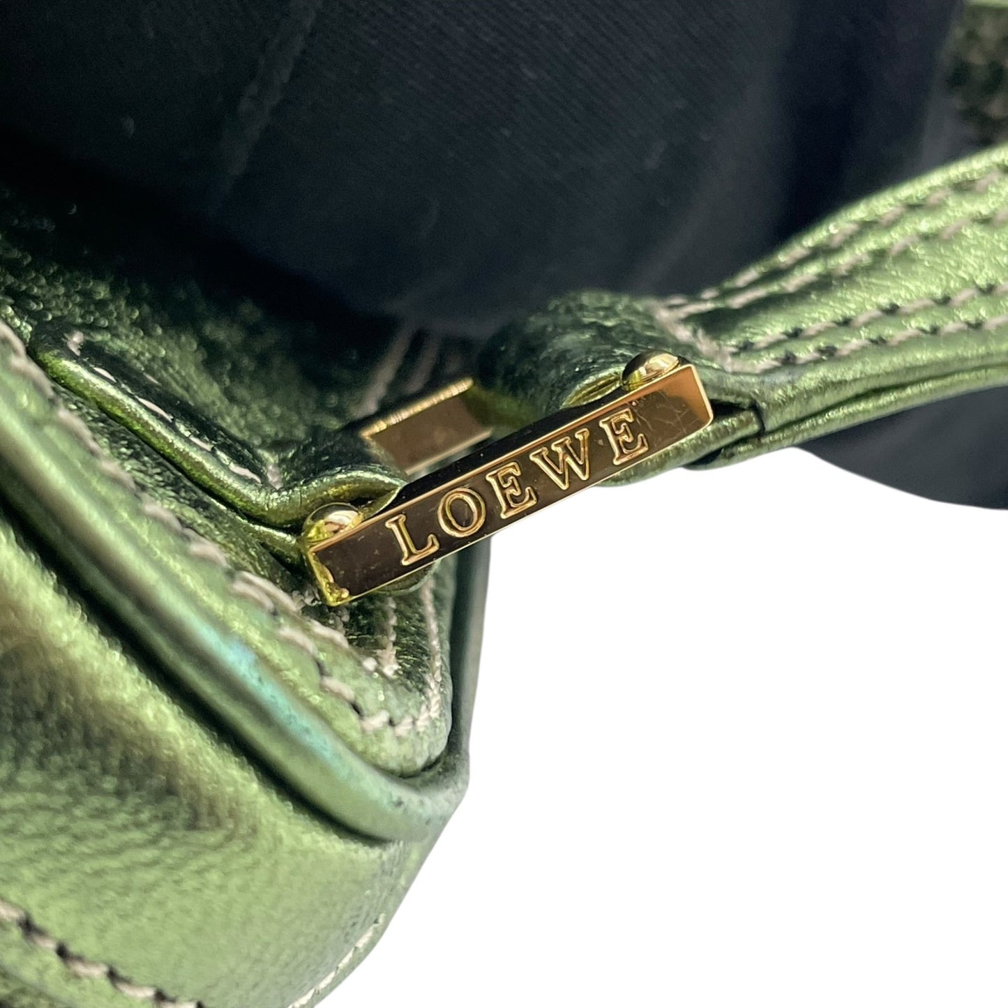 Authentic LOEWE Amazona Micro Mini Shoulder Bag Metallic Green Leather Anagram Logo Crossbody Gold Hardware Vintage Women's