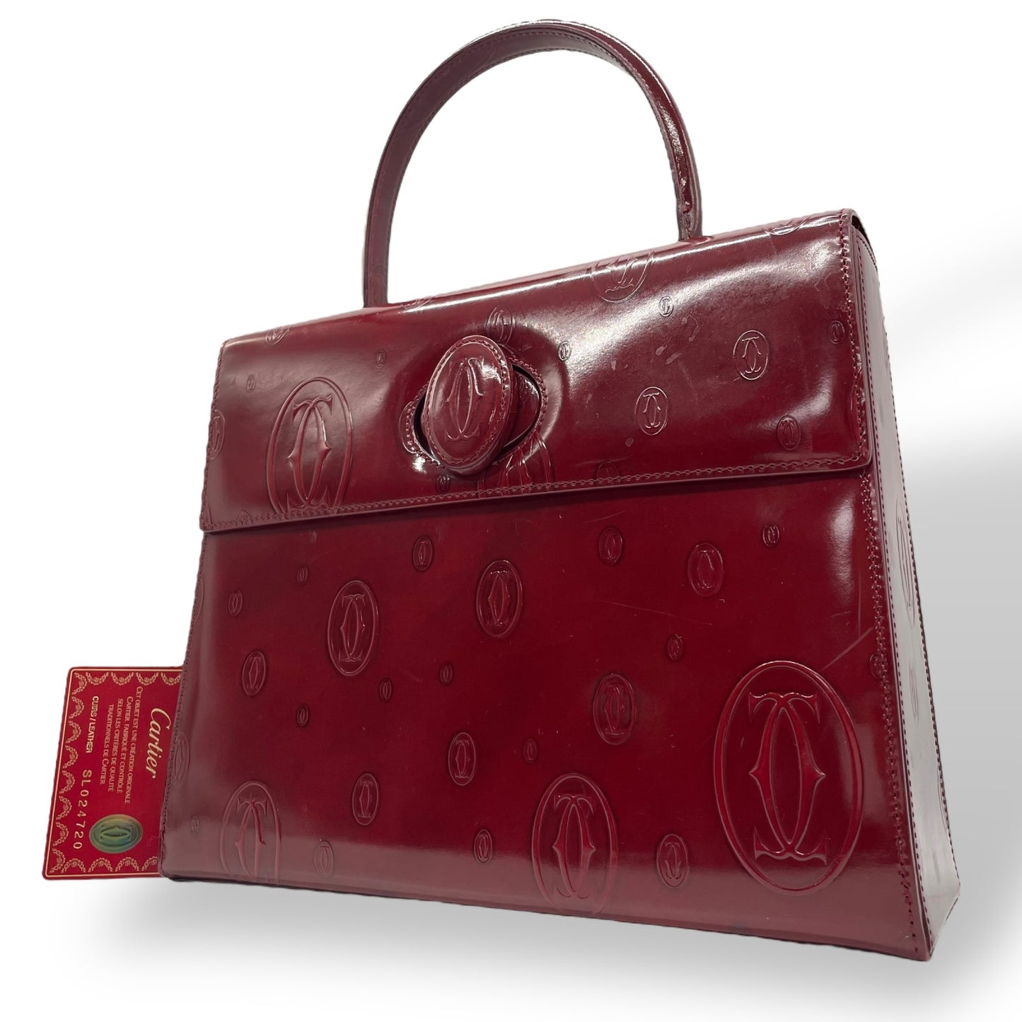 Authentic Cartier Happy Birthday Handbag Patent Leather Bordeaux Red Enamel Women's with Guarantee Card