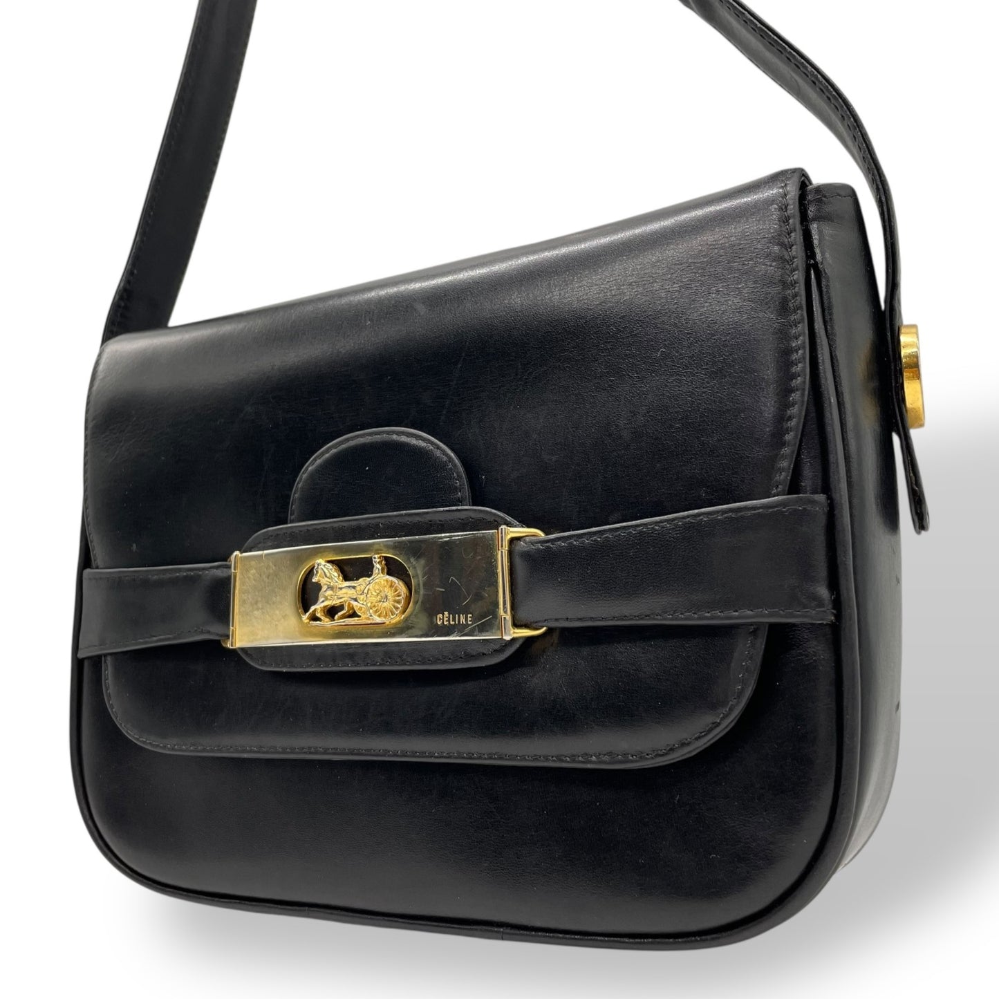 Authentic CELINE Shoulder Bag Black Leather Horse Carriage Gold Hardware Vintage Women's Crossbody
