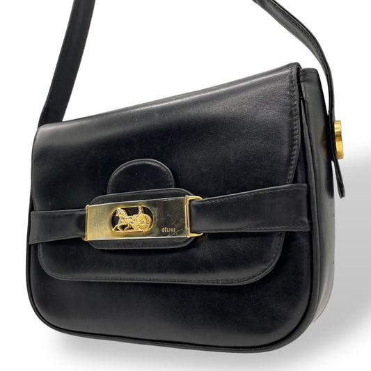 Authentic CELINE Shoulder Bag Black Leather Horse Carriage Gold Hardware Vintage Women's Crossbody