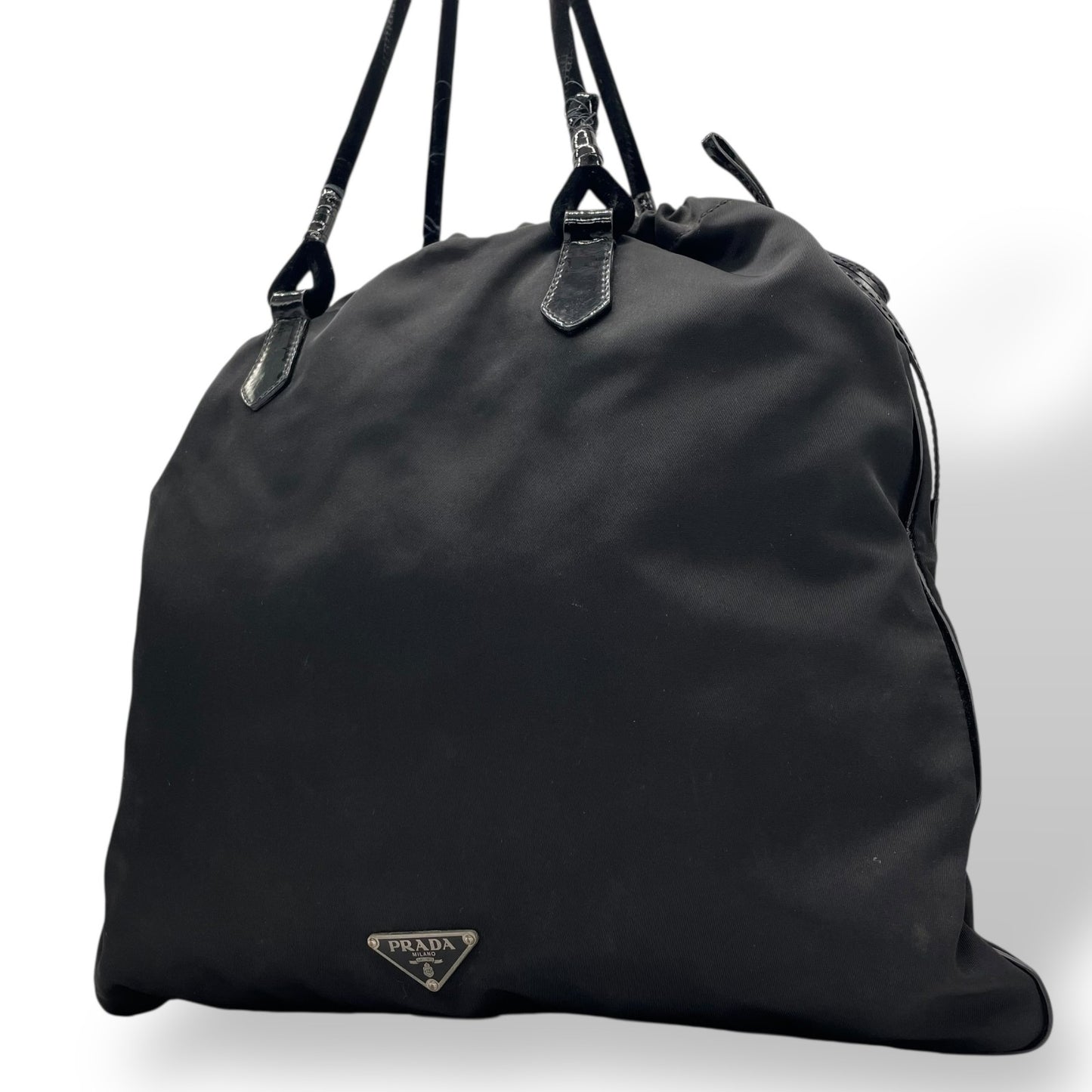 Authentic PRADA Black Handbag Tote Triangular Logo Plate Nylon Patent Leather Silver Hardware Shoulder Bag Men's Women's