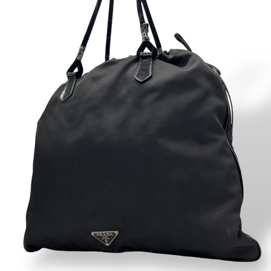 Authentic PRADA Black Handbag Tote Triangular Logo Plate Nylon Patent Leather Silver Hardware Shoulder Bag Men's Women's