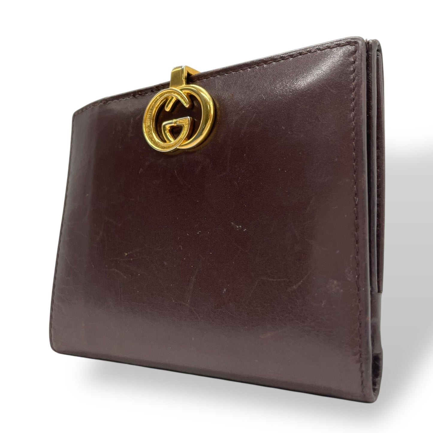 美品 GUCCI グッチ レザー 二つ折り財布 ボルドー ブラウン ゴールド金具 インターロッキング 035-904 ヴィンテージ レディース オールドグッチ M4