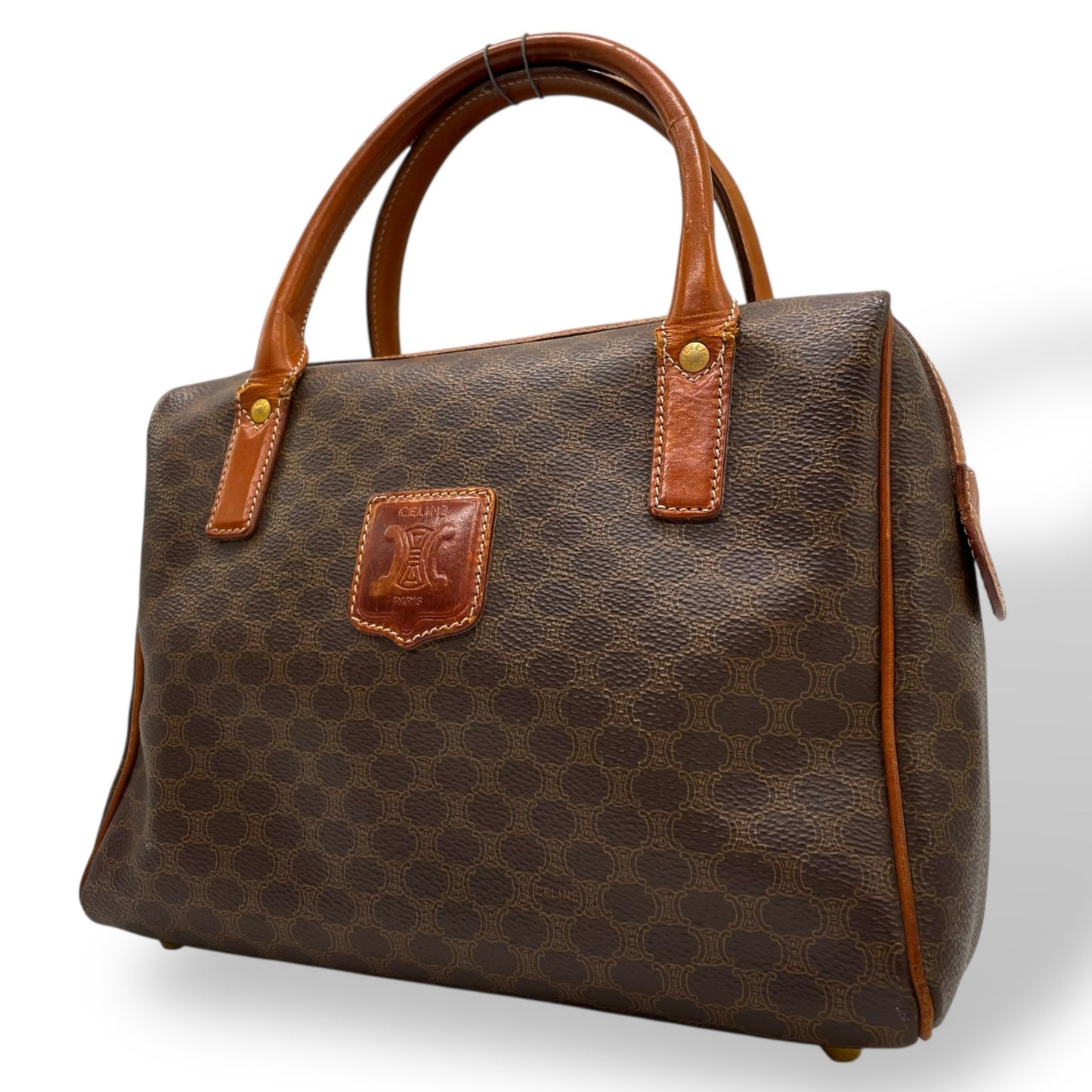 Authentic CELINE Vintage Macadam Handbag Brown PVC Leather Gold Hardware Logo Women's