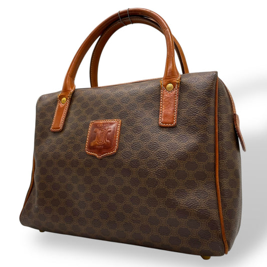 Authentic CELINE Vintage Macadam Handbag Brown PVC Leather Gold Hardware Logo Women's