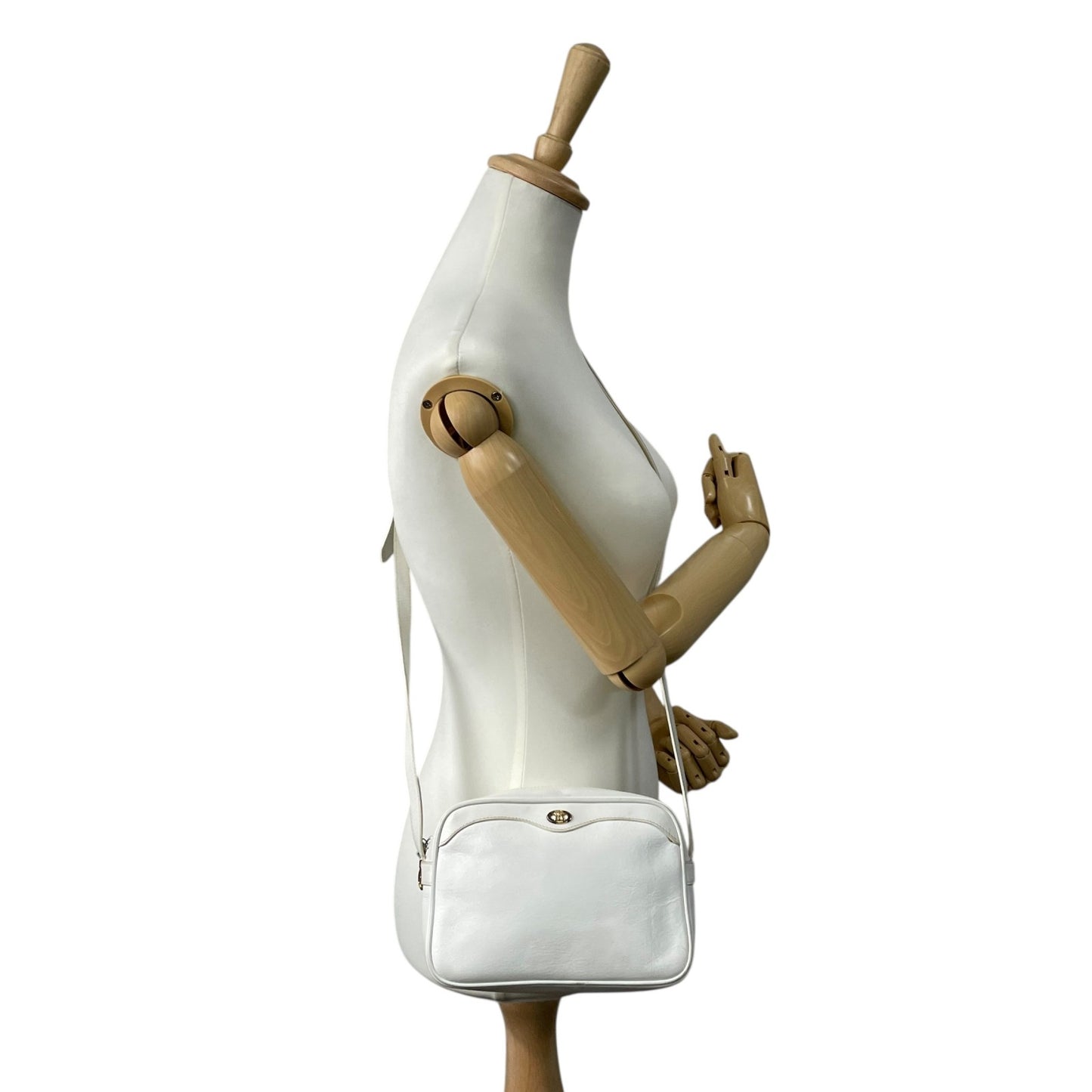 Authentic CELINE White Leather Shoulder Bag Trionf Camera Bag Gold Hardware Vintage Women's